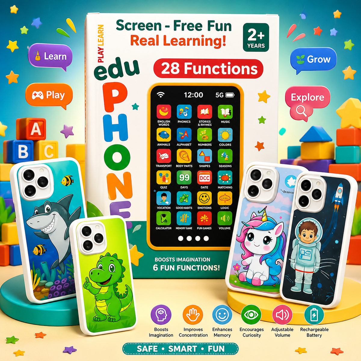 🧸 EduPhone Smart Learning Toy Phone for Kids | 28 Educational Functions | 🔋 Rechargeable | In Hindi & English