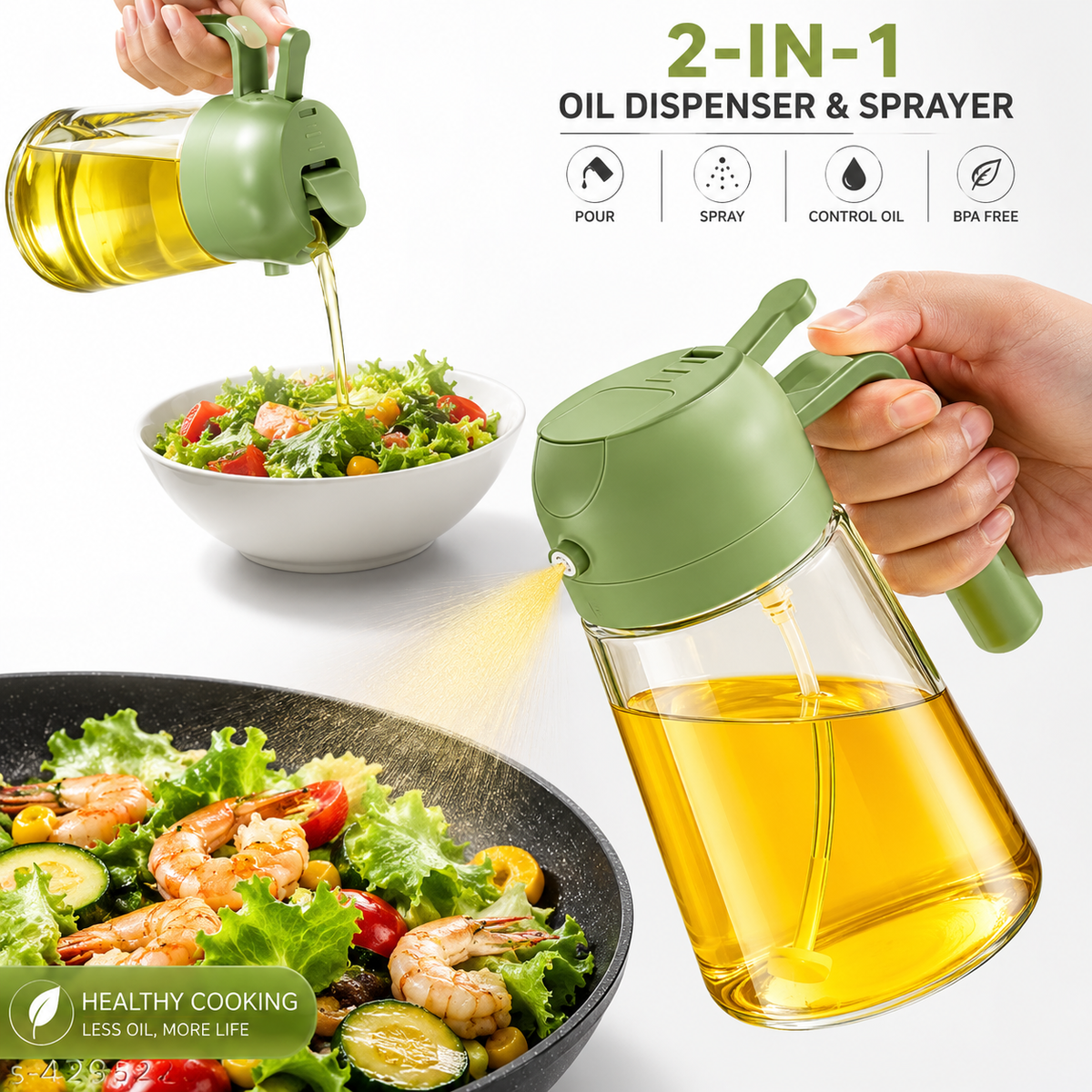 2-in-1 Oil Sprayer & Dispenser for Kitchen, Olive & Coconut Oil Spray Bottle, Glass Oil Pot for Air Fryer, Salad, BBQ, Roasting & Cooking, Dual-Use Oil Vinegar Dispenser – 500ml