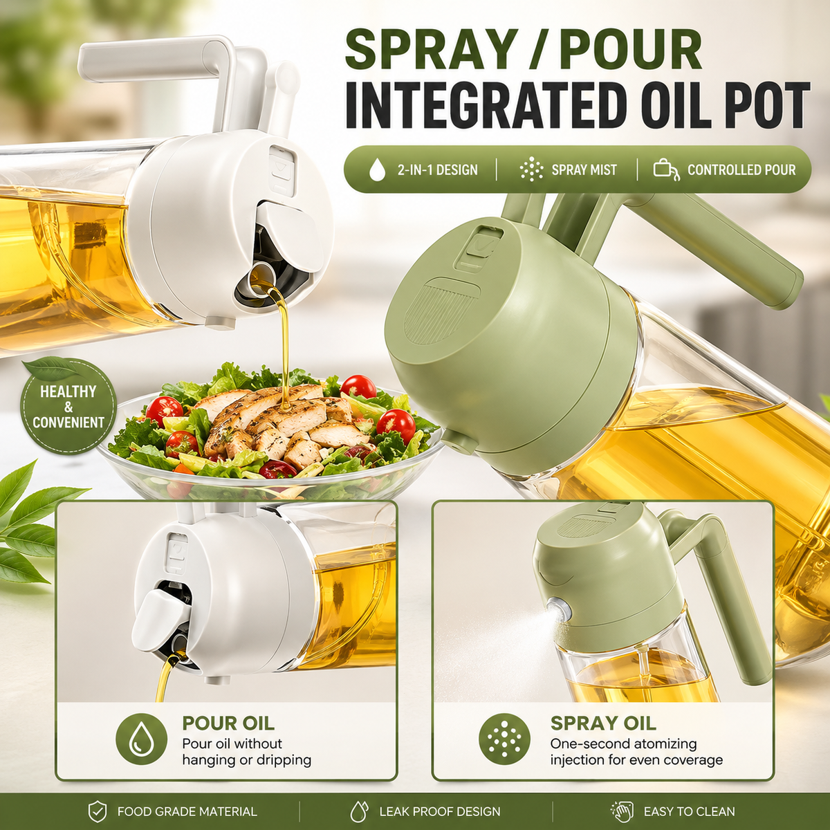2-in-1 Oil Sprayer & Dispenser for Kitchen, Olive & Coconut Oil Spray Bottle, Glass Oil Pot for Air Fryer, Salad, BBQ, Roasting & Cooking, Dual-Use Oil Vinegar Dispenser – 500ml