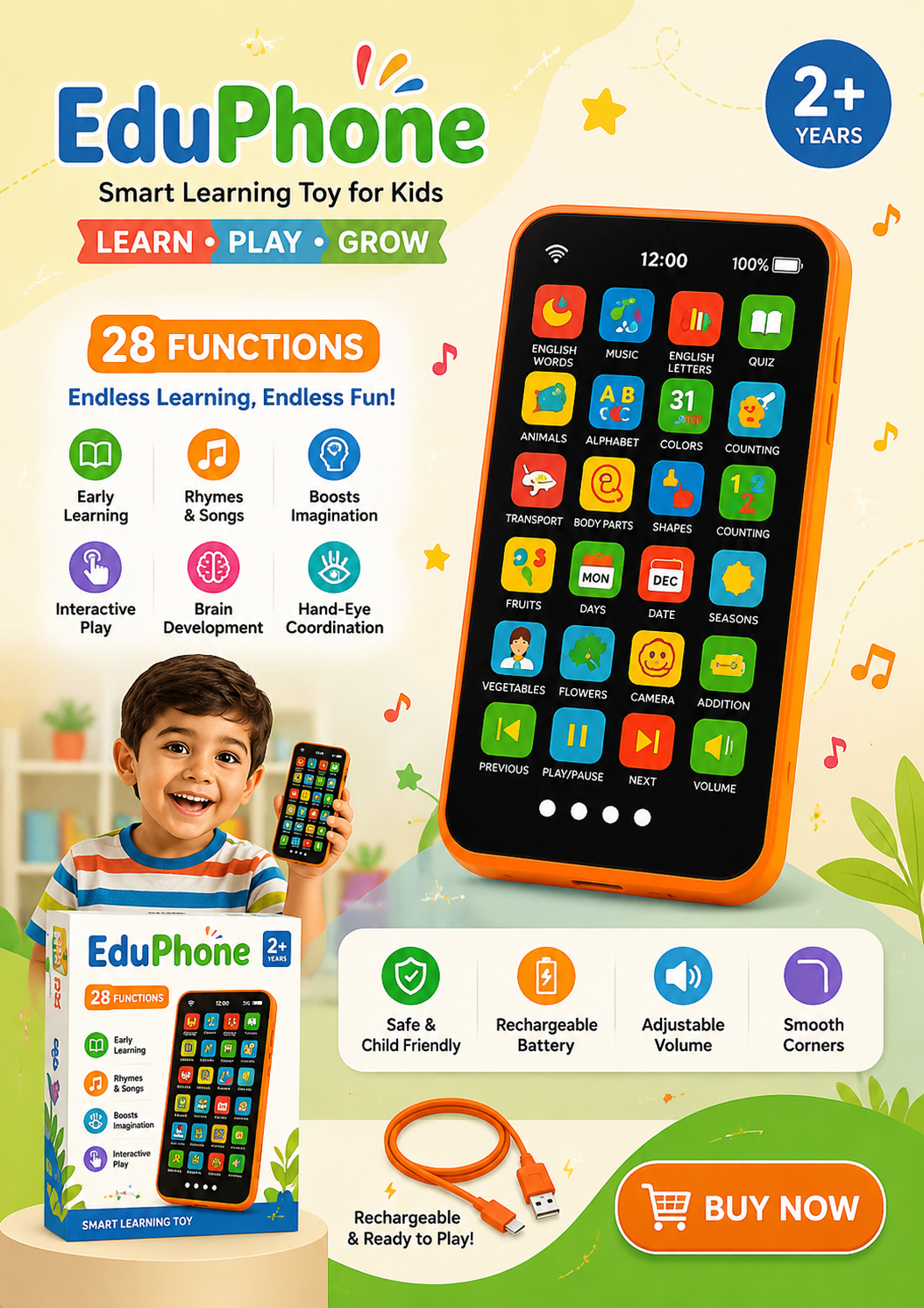 🧸 EduPhone Smart Learning Toy Phone for Kids | 28 Educational Functions | 🔋 Rechargeable | In Hindi & English