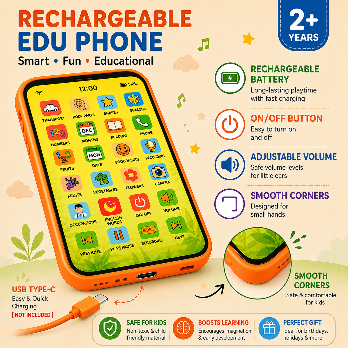 🧸 EduPhone Smart Learning Toy Phone for Kids | 28 Educational Functions | 🔋 Rechargeable | In Hindi & English